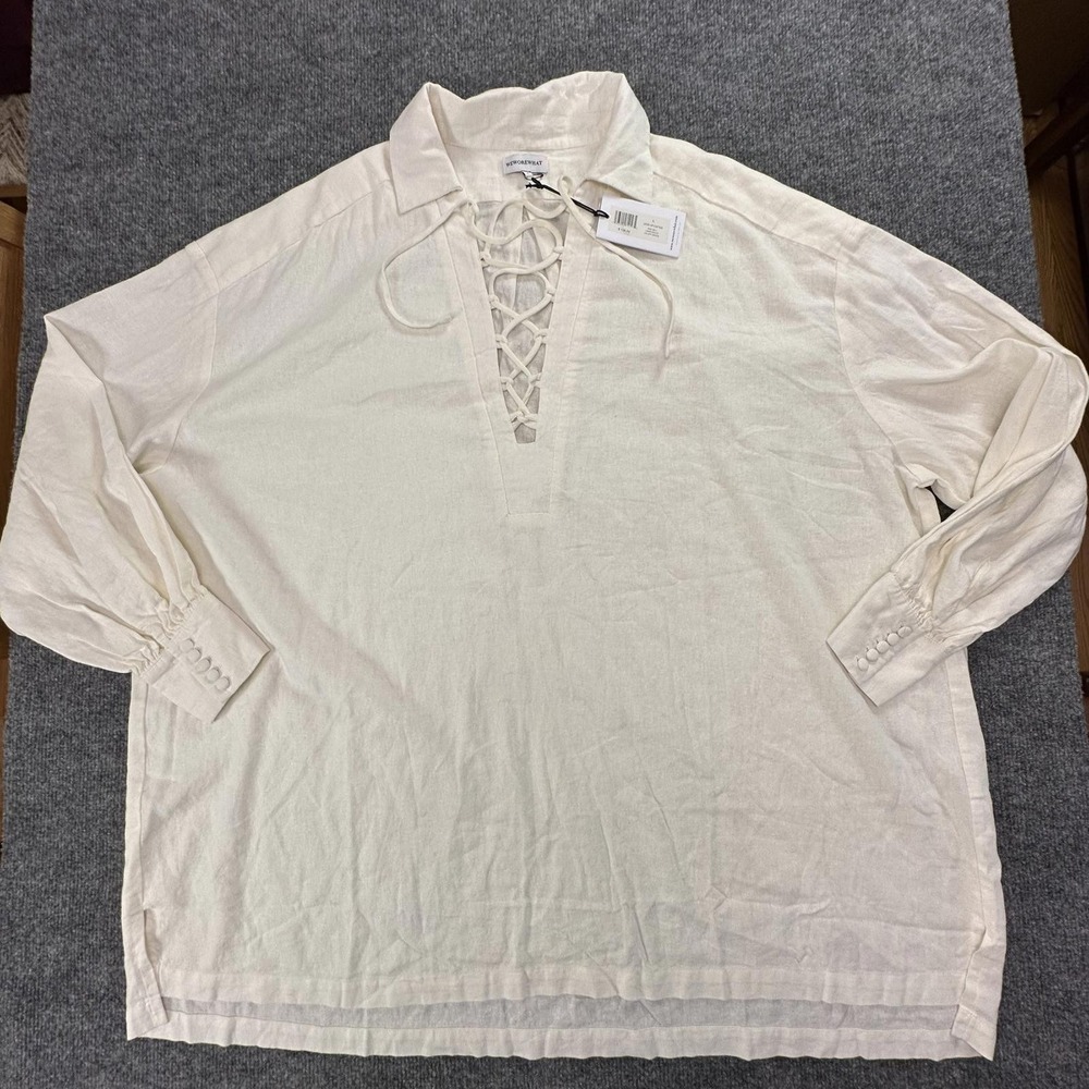 WeWoreWhat Mens Lace-Up Caftan Linen Solid Off White Shirt Large NWT #330